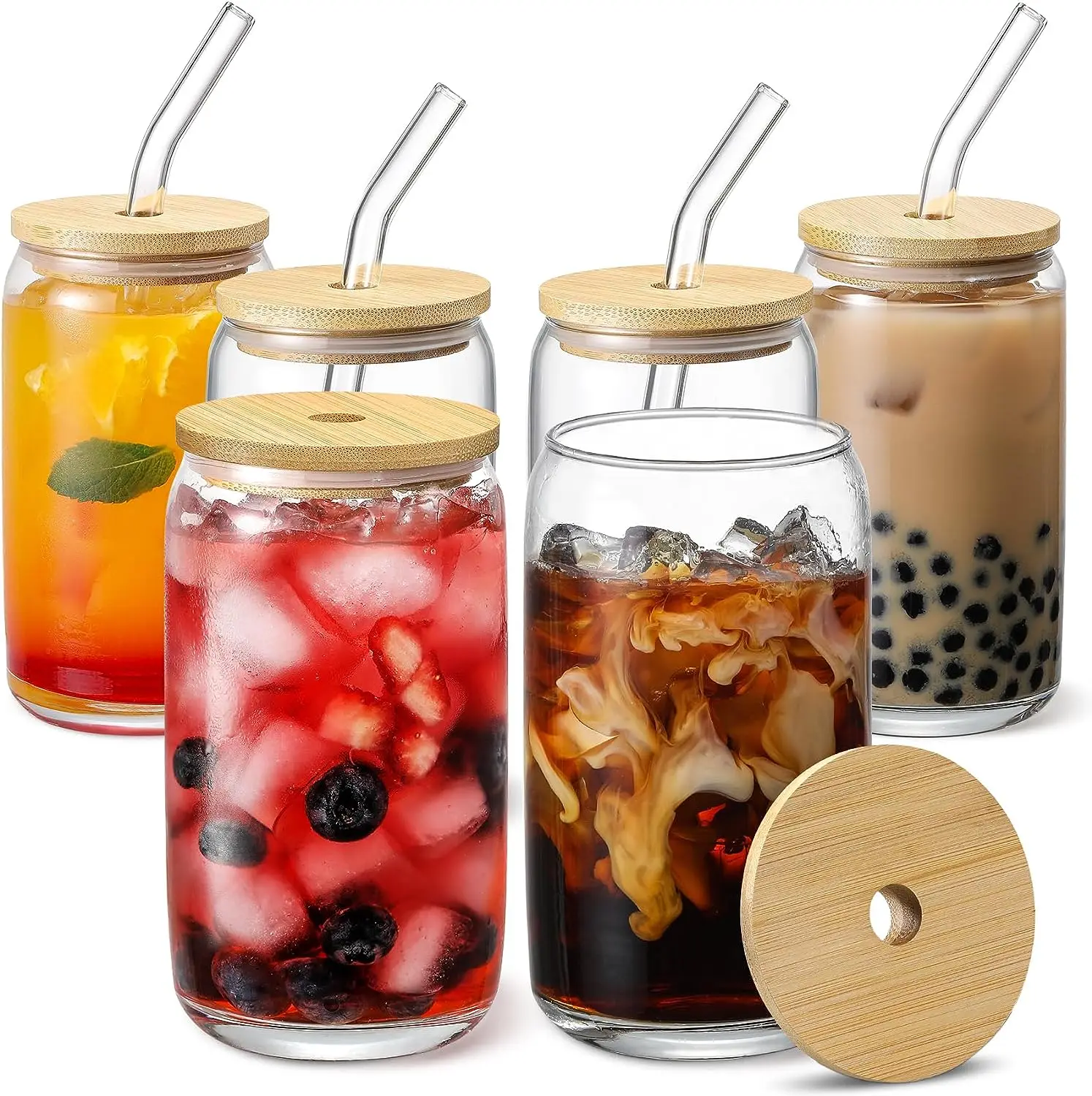 Beer Can Shaped Sublimation Blank Glass Cups with Bamboo Lids and Glass Straw Coffee Drinking 16 oz Glass Jar Tumbler with Straw