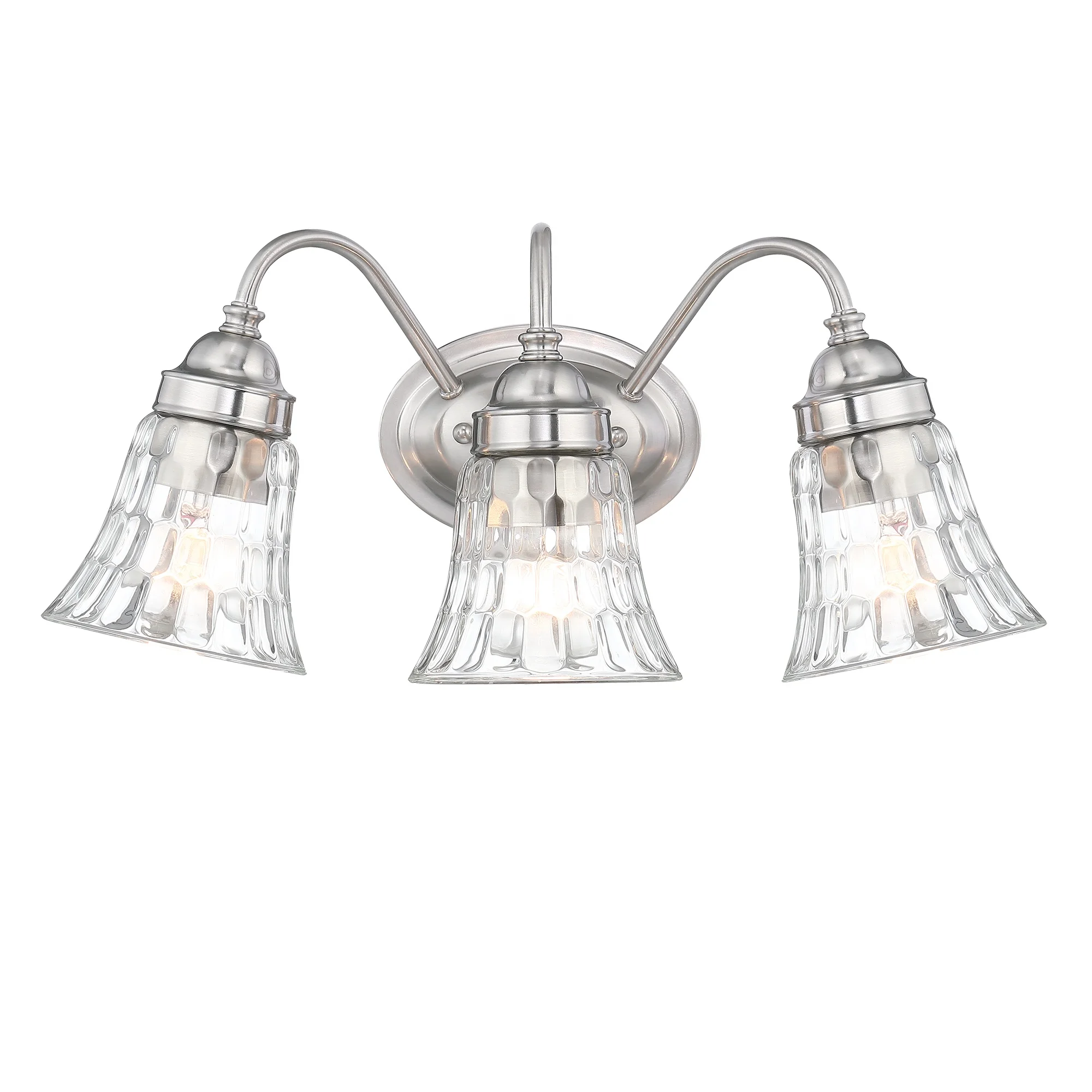 3-Light Bathroom Vanity Light Fixture Brushed Nickel Industrial with Hammered Glass Shade over mirror dressing Table