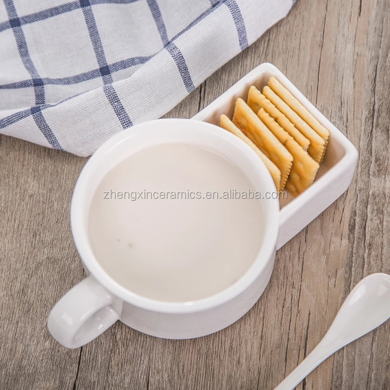 Ceramic Soup And Cracker Mug Pure White Cereal Bowl Veggies Chips French Fries Snack Cup With Sauce Plate