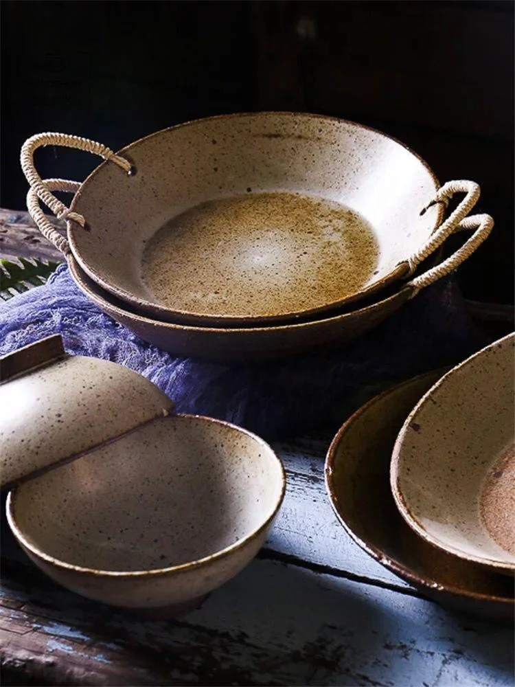 Скандинавская керамическая посуда в стиле ретро, глубокая тарелка из пеньковой веревки, керамическая большая тарелка для супа, Салатница