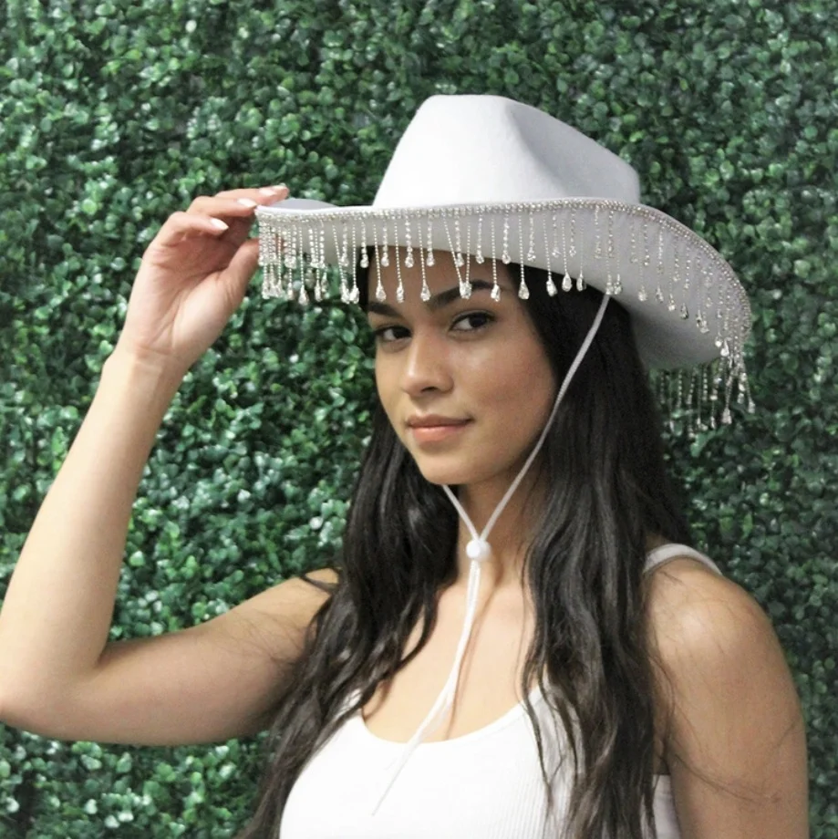 Wholesale Gift Pink Cowgirl Hat Girl Bride Festival Party Hats Female Western Felt Cowboy Hat with Rhinestone Tassel