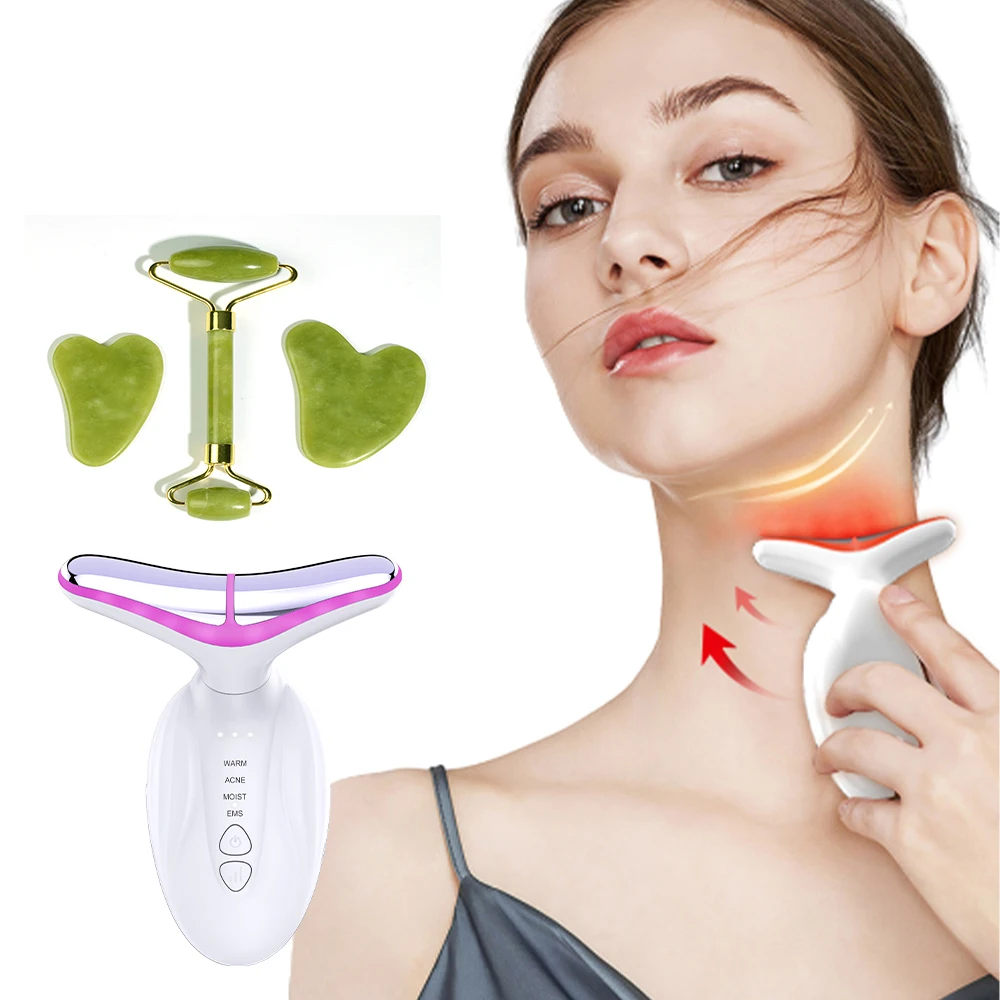 Электрический массажер для шеи и Gua sha stone подтяжка лица 7 светодиодов красный свет терапия отбеливание кожи против морщин косметическое устройство