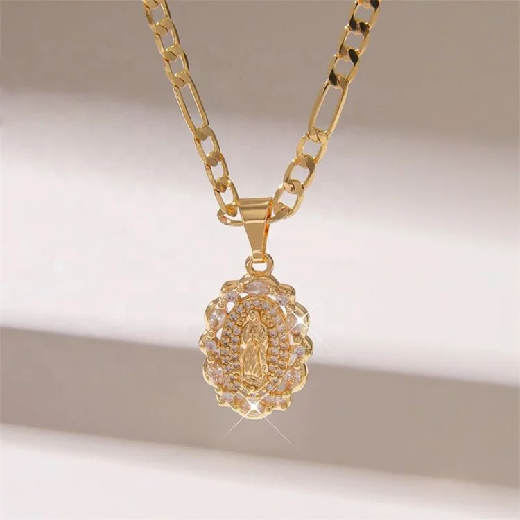New Products Fashion Jewelry 14K Gold Plated Virgin Mary Saint Pendant CZ Zirconia Stone Religious Pendants Necklace