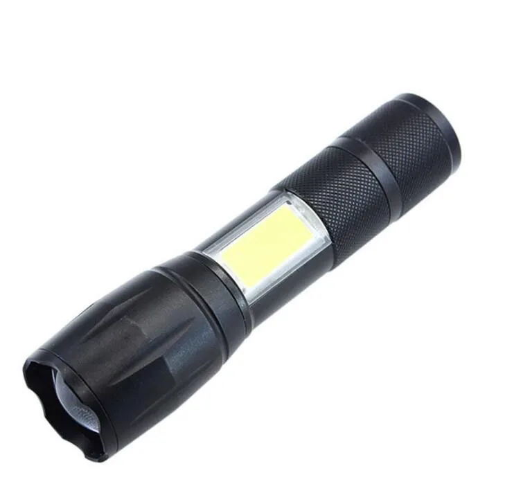 
18650 powered Cree T6 inside 2 in 1 Rechargeable USB Flashlight with Side COB Camping Flood Light 