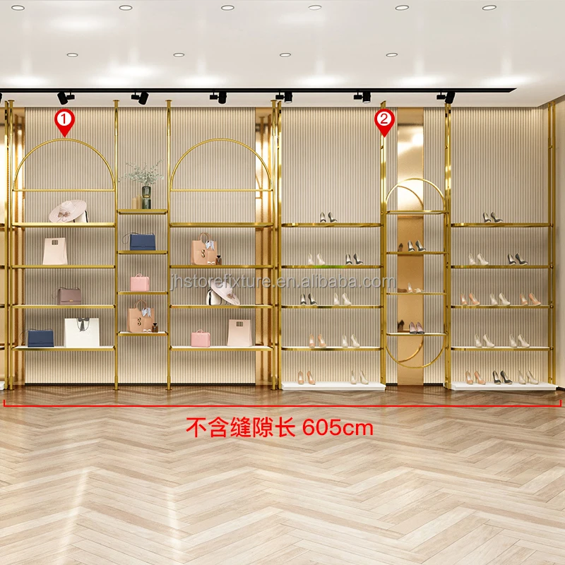 New Design Luxurious Wall Mounted Shiny Gold Stainless Steel Customize Logo Clothes Display Rack For Clothing Store