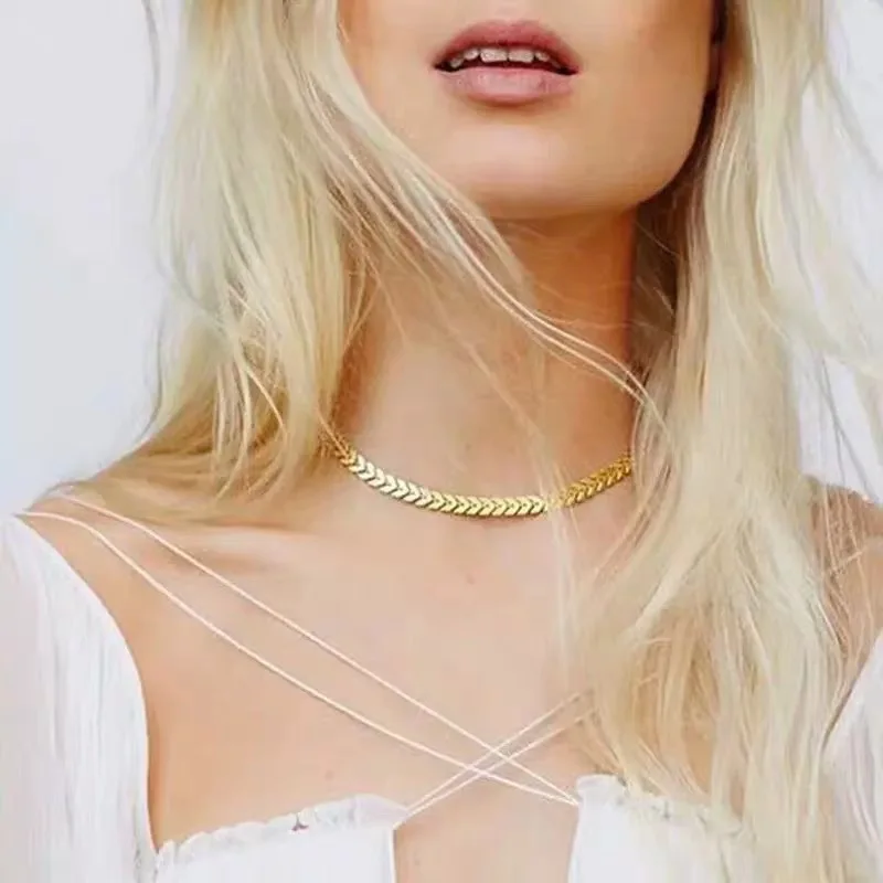 
Peace Olive Leaf Necklace Arrow V Neck Choker Stack Necklace Fish Bone Chain Collar Necklace for Women 