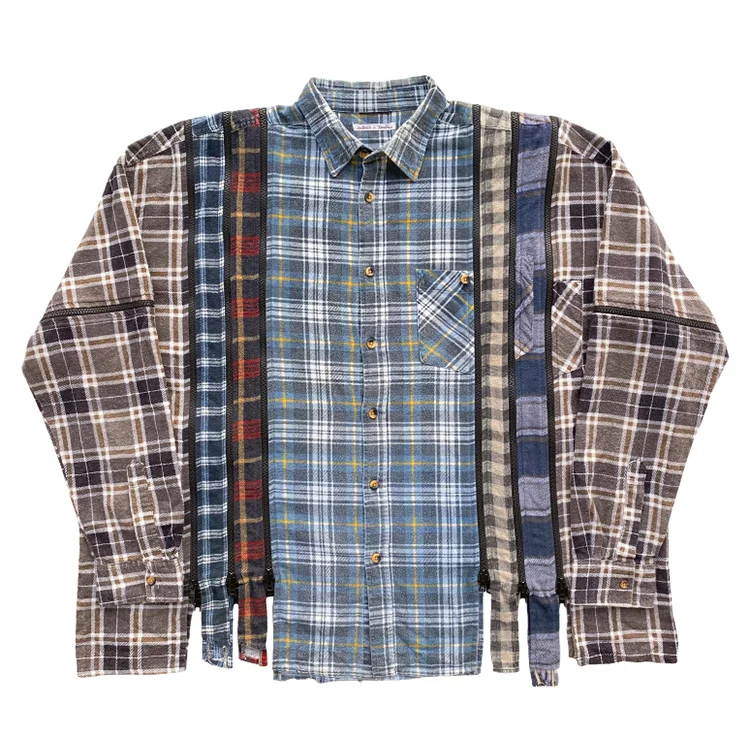 Custom needles 7 cuts zipped flannel oversized shirt for men wholesale reconstructed plaid vintage tops