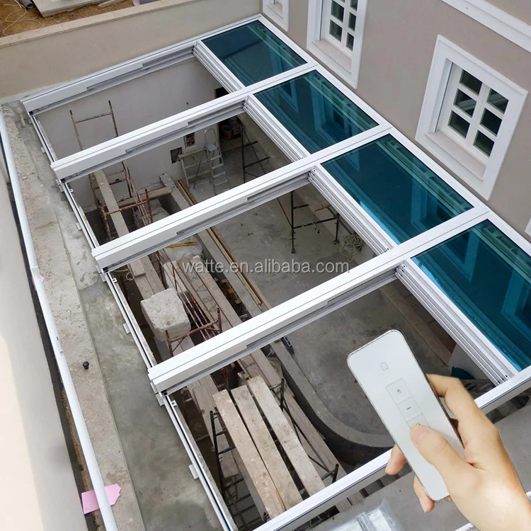 Home Patio Curved Tempered Glass Roof House Atrium Aluminum Frame Insulation Plans Flat Sliding Retractable Skylight Glass Roof