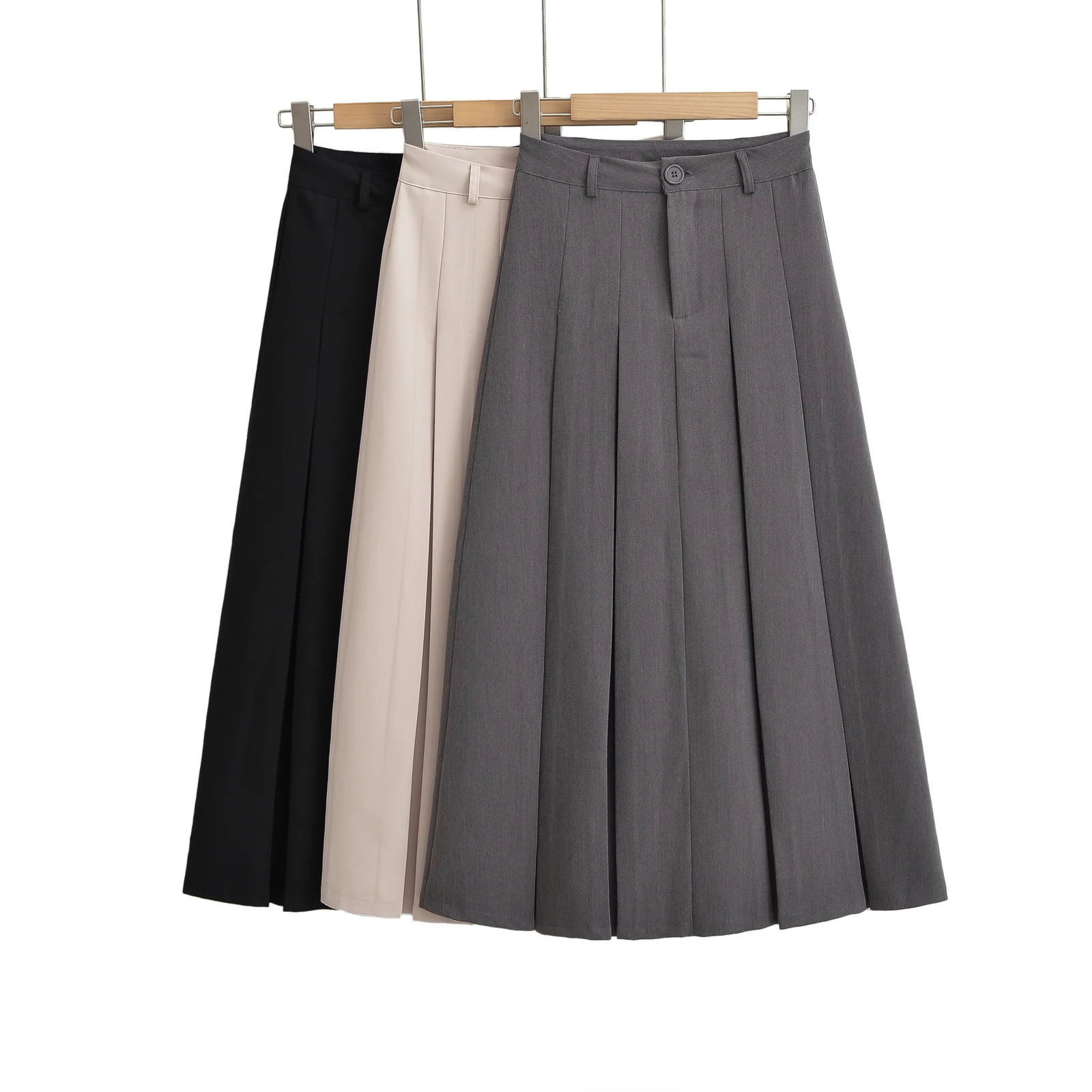 3 colorway zipper fly solid color hot sale casual fashion long pleated skirt for women