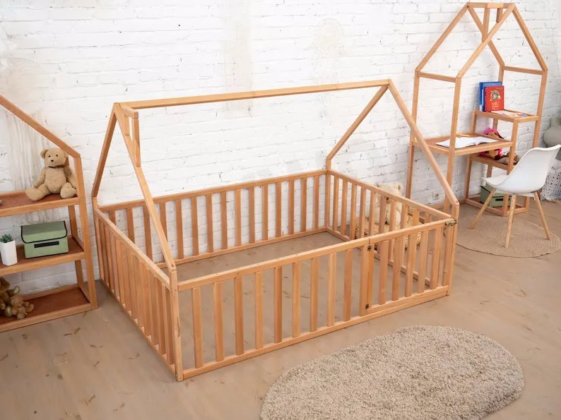 Montessori toddler floor bed with rails Kids floor bed frame Children house with slats Handmade natural solid wood toddler bed