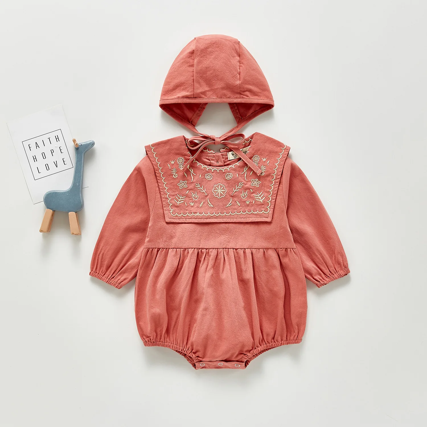 fashion Plain Embroidery Cute Sweet Style Soft Cotton Long Sleeve Baby Girls Romper Toddler Clothes With Hats