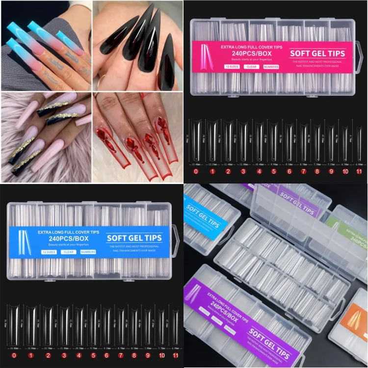 240pcs/box 3XL Coffin C Shaped  Nail Tips Full Cover False Square Nail ABS Clear Stiletto Nail Tips  Private Label Customized