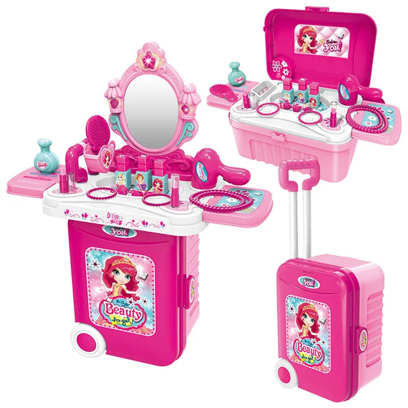 Hot Sell Girl Cosmetic Pretend Play Toy House 3 IN 1 Set Trolley Suitcase Make Up Toy For Girl