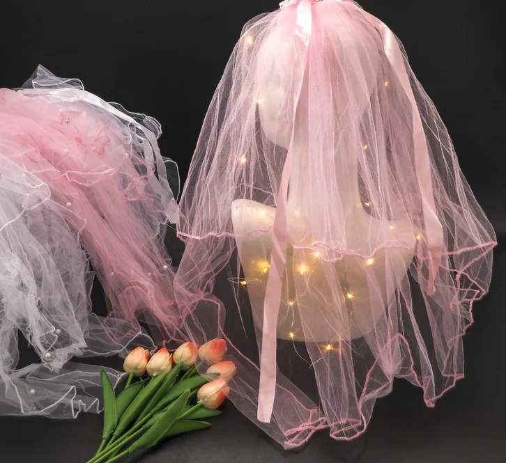 Fashion Luminous Veils With LED Long Soft Mesh Bow Lace Veil Wedding Accessories Bridal Veils Girl