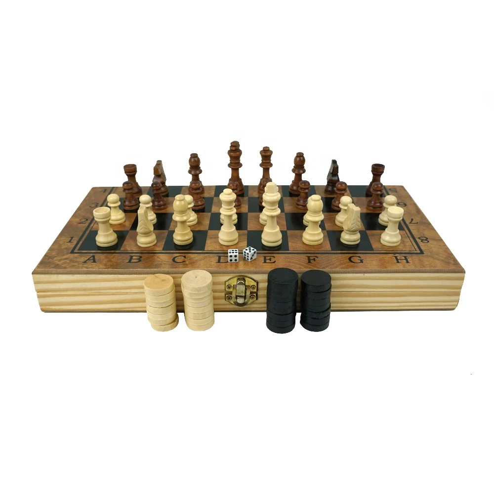 Wholesale 3 in 1 wooden chess backgammon checkers set with wooden folding chess board   chess piece kid puzzle board game