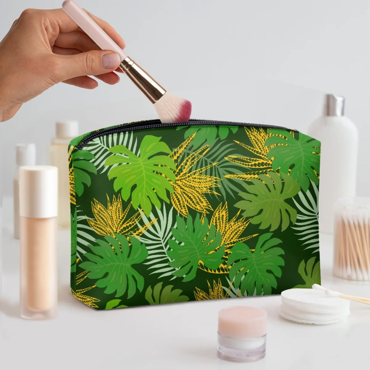 Wholesale Fashion Cosmetics Makeup Bag Travel Pouch Polynesian Tribal Samoa Tapa Print Custom PU Portable Clutch Cosmetic Bag