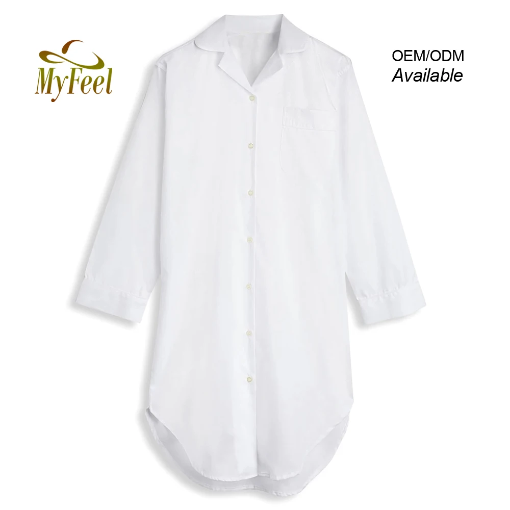 Long White Cotton Nightshirt Girls Sleep Shirt Women with Round Bottom Nuisette Coton
