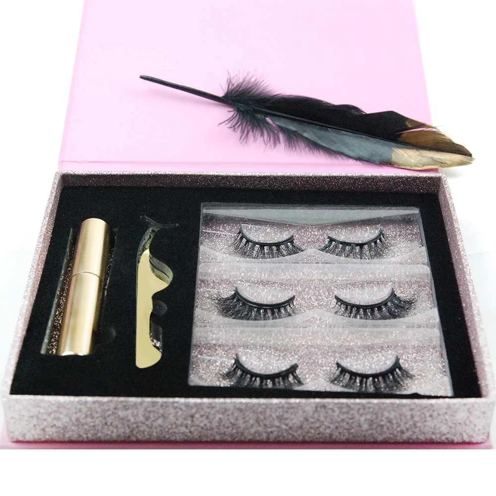 Private Label wholesale natural 3D magnetic lashes with invisible magnetic band magnetic eyelashes set false eyeliner eyelashes