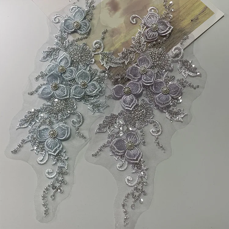 LS745 Fashionable pearl sequins embroidery beading lace trimming organza lace applique patch for clothes decoration