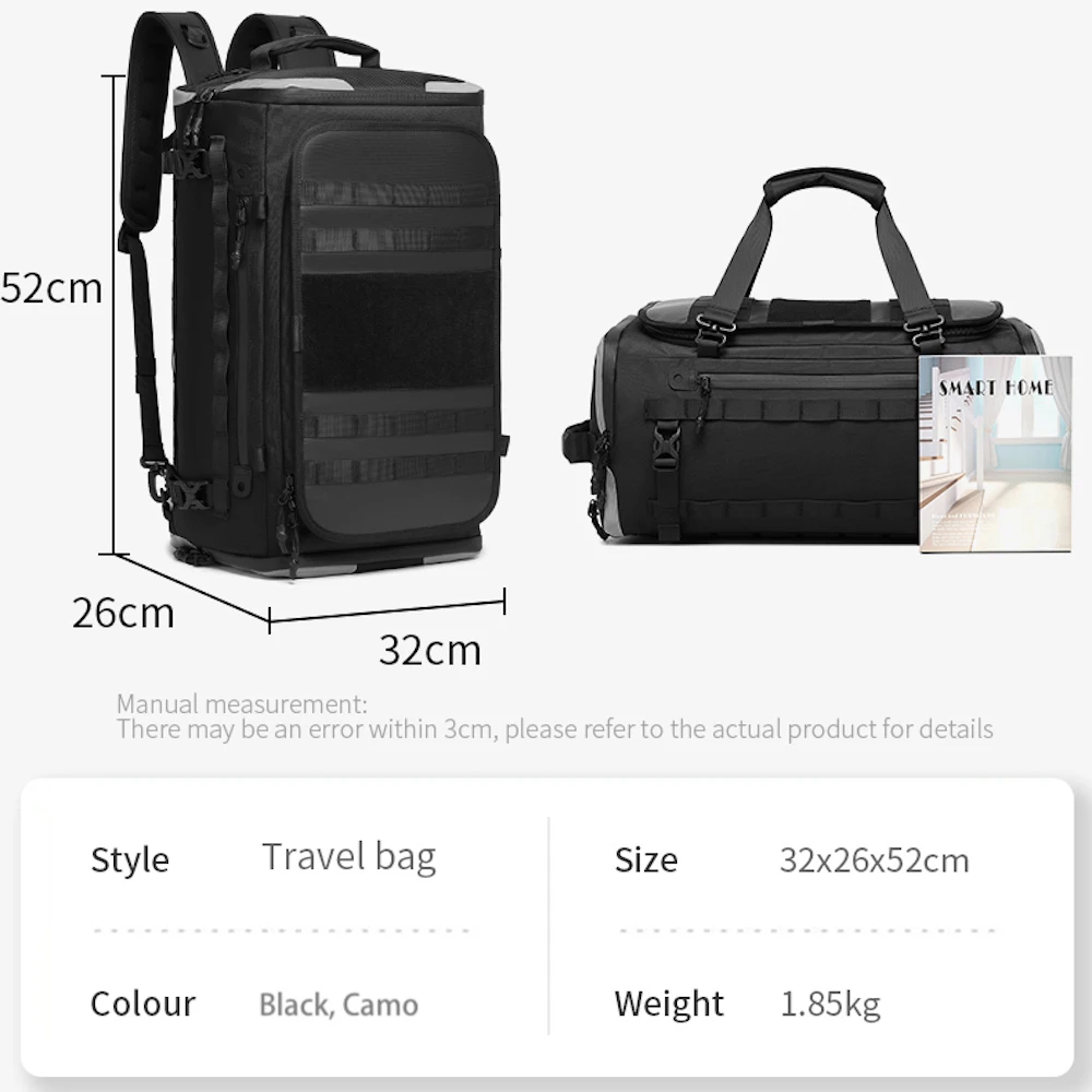 OZUKO 9641 Travel Weekender For Men Duffle Bag With Shoe Compartment Hiking Outdoor Duffel Bags For Traveling Waterproof Gym Bag