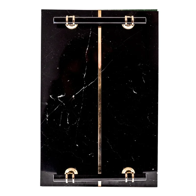 Bathroom Nature Black Marble Stone Shower Tray with Handle With Brass Inlay Nordic Rectangle Jewellery Tray Marble Serving Tray