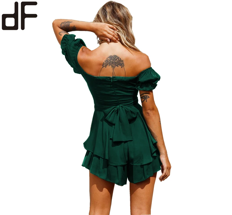 Wholesale Hidden Zip Mini Dress Pants Green Women Bodysuit One Piece Fitness Jumpsuit Puff Short Sleeve Women Summer Jumpsuits