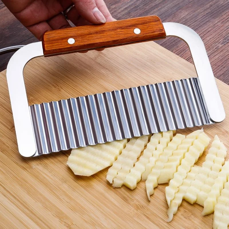 Kitchen multifunctional wood handle manual stainless steel wave vegetable fruit strip chip crinkle french fry potato cutter