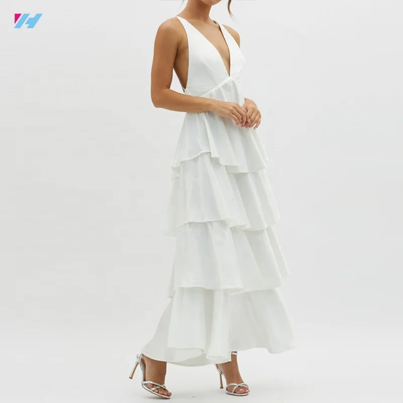 Custom Lady Backless White Chiffon Ruffle Elegant Maxi Long Dress For Women
