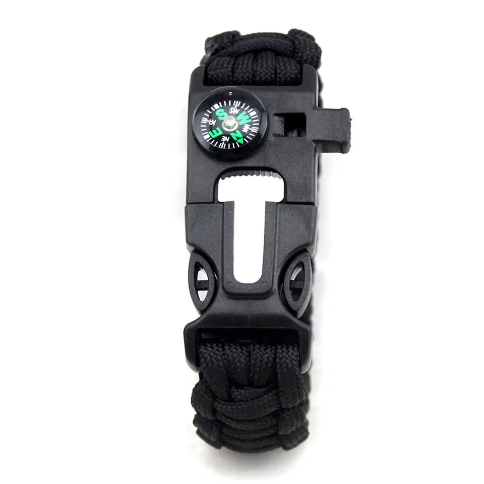 Paracord Rope Whistle Compass, Scraper Fire Starter Multifunction Outside Buckle Bangle Bracelet