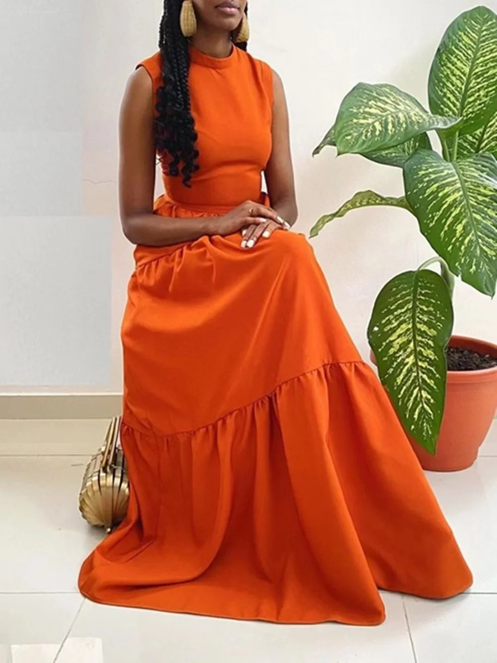 2022 New arrival Trending New African Women Solid Color Orange Large Swing Long Dress Lady O neck Sleeveless career dresses