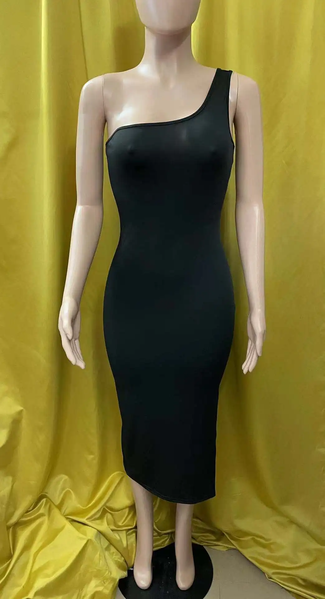 QuiteS Ins Style Solid Color Sexy One Shoulder Strap Split Dress Fashion Temperament Female Dress Long Dresses Women