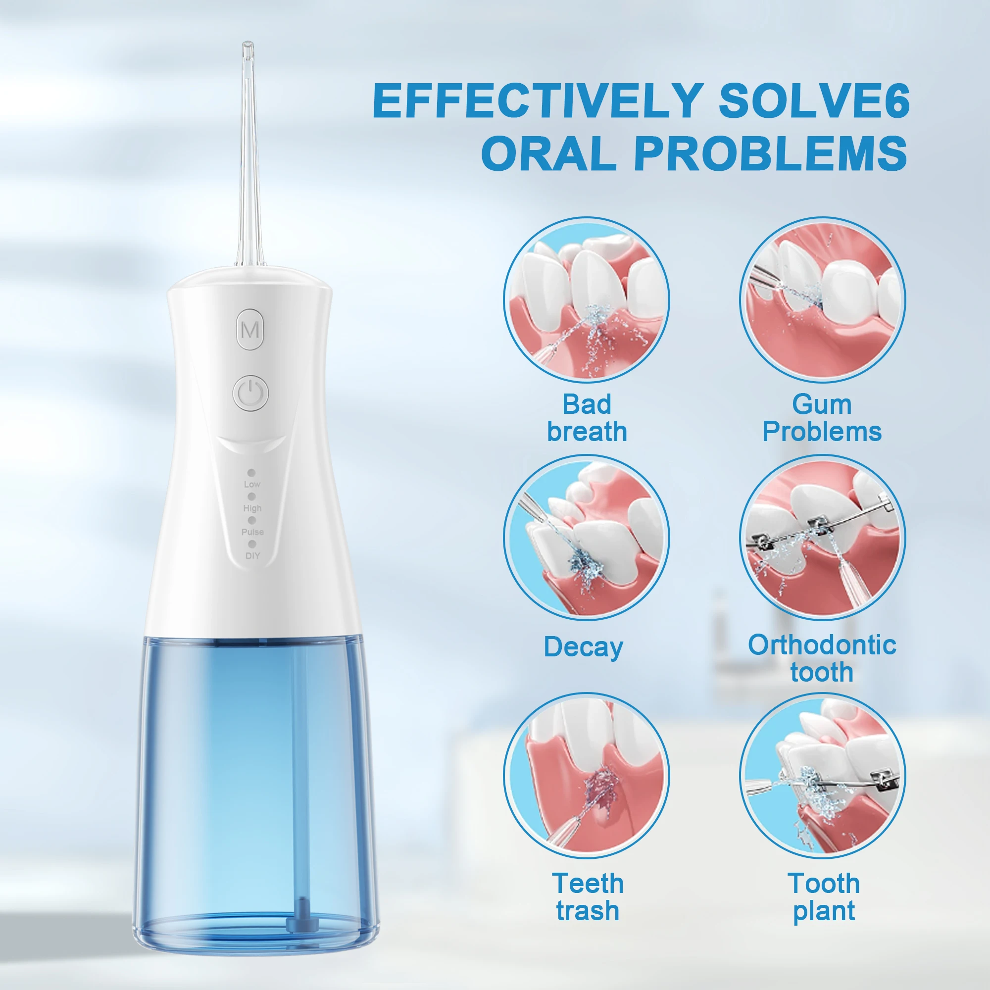 Cordless Portable Oral Irrigator Oral Cleaning 4 Nozzle Types 4 Cleaning Modes Water Flosser, 300ml Water Tank, IPX7 Waterproof