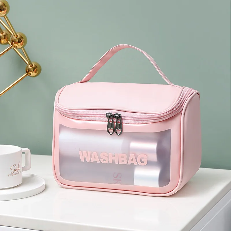 2022 Wholesale Clear Custom Women Pink  PU Leather Waterproof Large Capacity Pvc Toiletry Bag Travel Cosmetic Bag With Logo
