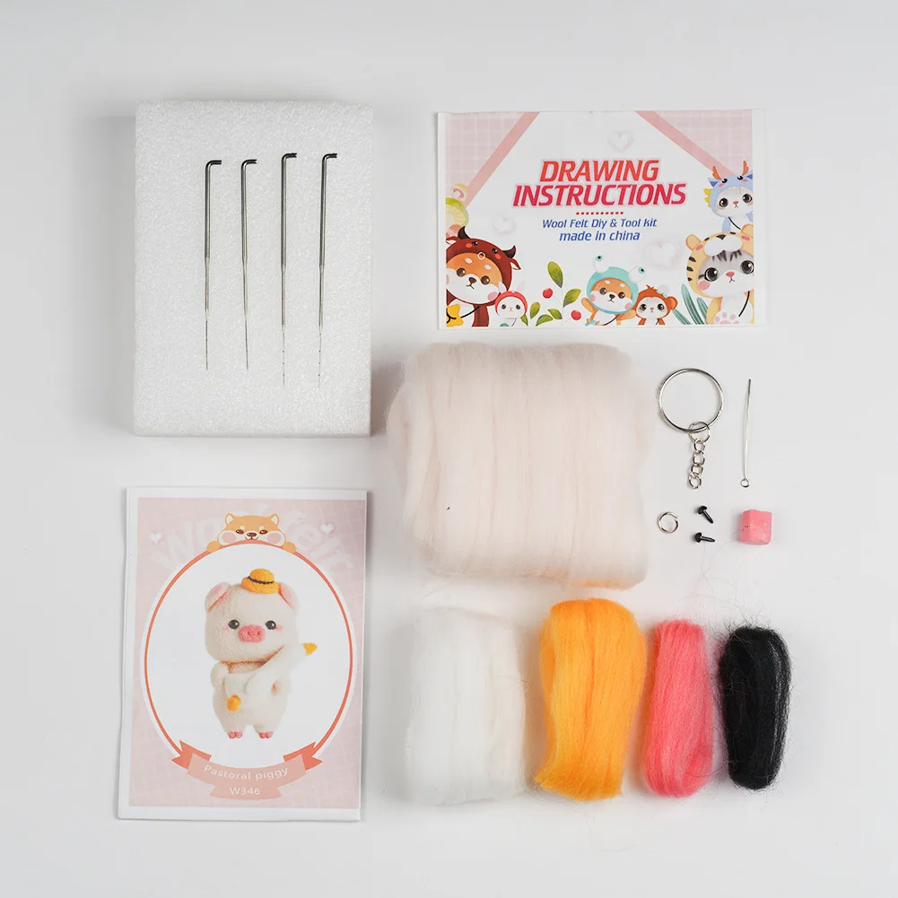 Cute pig creative handmade wool craft felt DIY material package wool felting animal kit