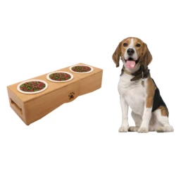 Home Elevated Triple Feeder Raised Pet Bowls with nature bamboo Stand for Cats and Small Dogs  Ceramic Cat and Dog Bowl Set