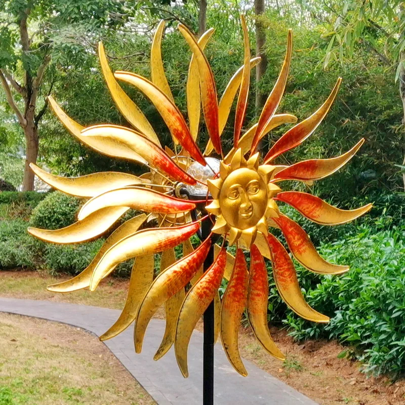 yard art metal sun face colour changing solar wind spinner spiral light
