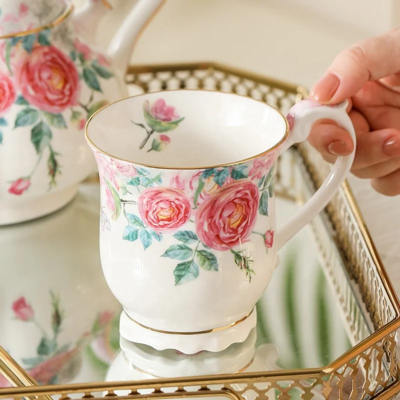 Pink Rose Garden Ceramic Coffee Cup Afternoon Teapot Dessert Cake Dinner Plate Tableware Tea Cup and Saucer Set