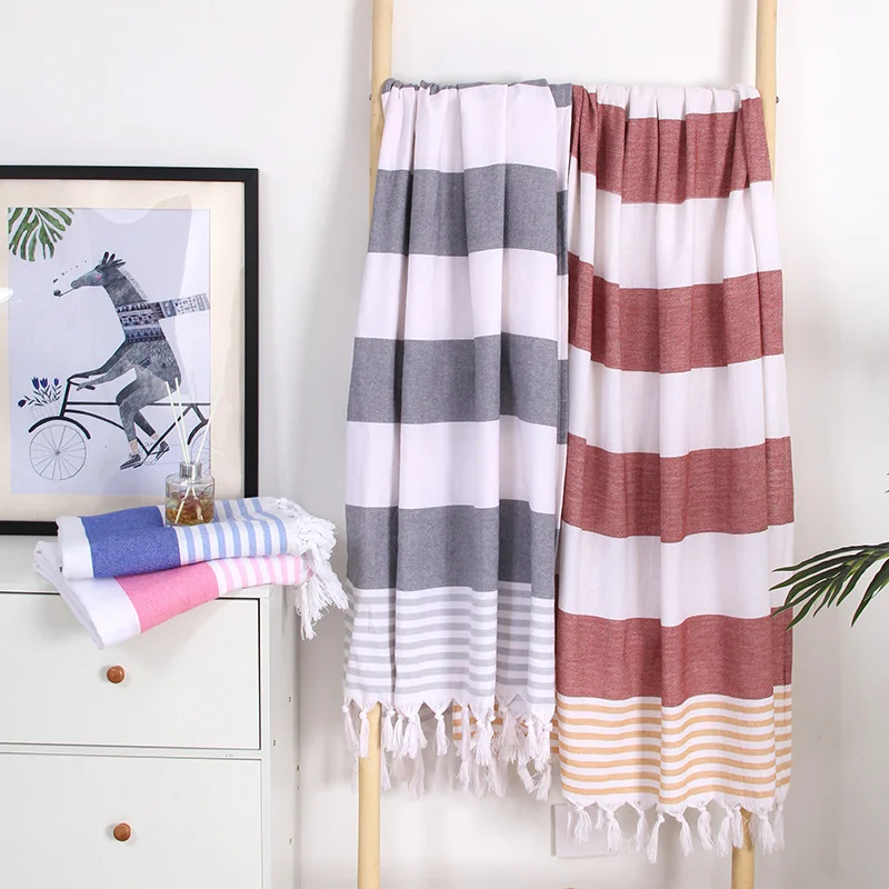 Custom Soft Multi-color Turkish Towel Tassels Woven Cotton Polyester Sand Free Beach Towels