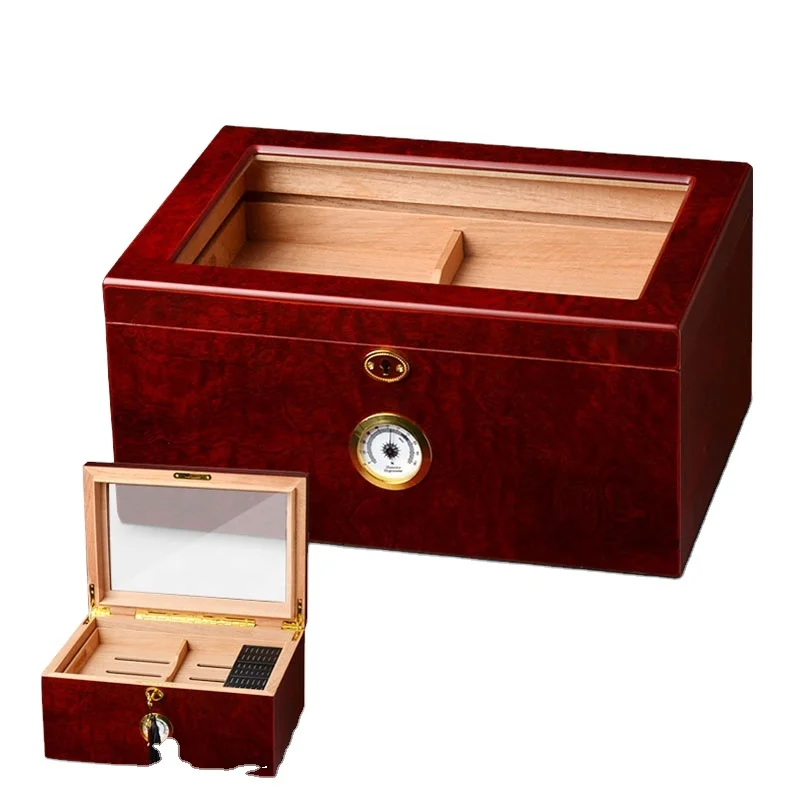 Custom made cheap price highlight cedar wood cigar case humidors for cigar temperature controlled cigar box with gauge