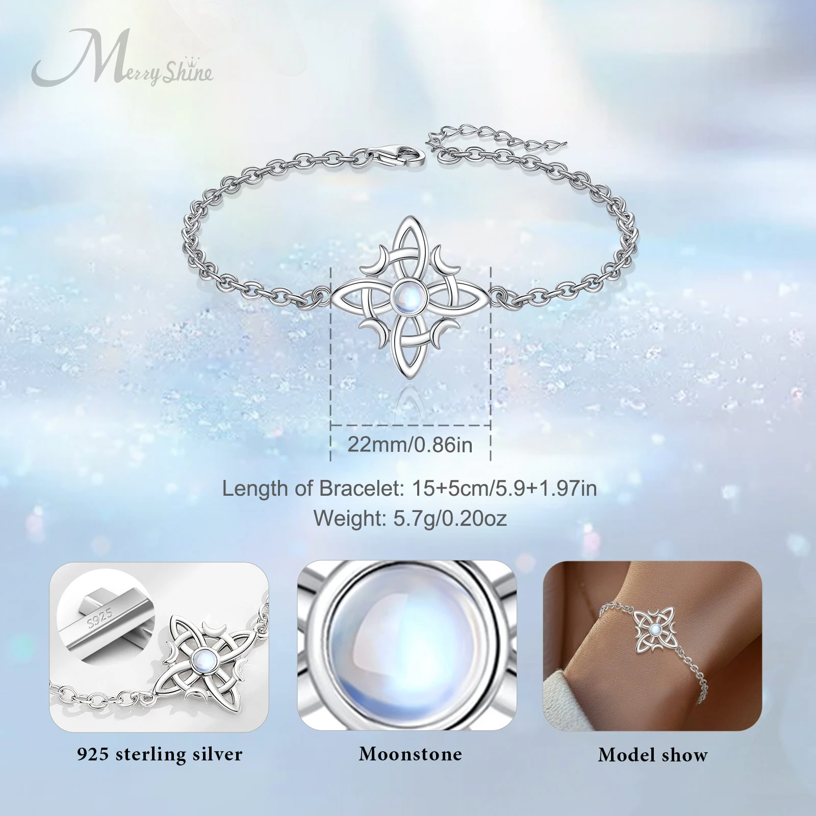 Merryshine 925 Sterling Silver good luck Irish jewelry moonstone witch knot bracelet for women