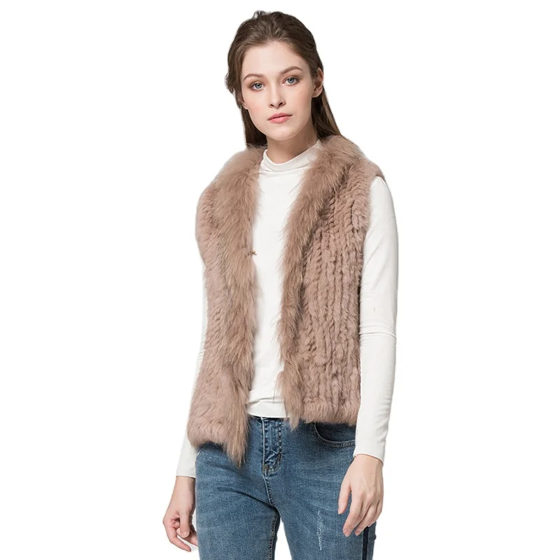 VT7008 Free shipping womens natural real rabbit fur vest with raccoon fur collar waistcoat/jackets rabbit knitted winter
