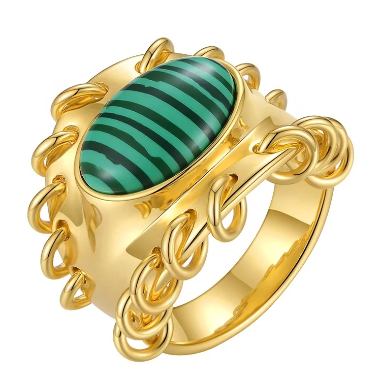 Latest High Quality 18K Gold Plated Brass Jewelry Malachite Metal Charm Natural Stone Accessories Ring R214105