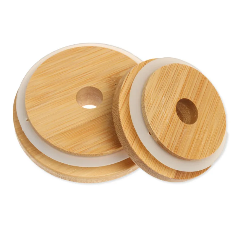 70mm/86mm Mason Lids Reusable Bamboo Caps Tops With Straw Hole And Silicone Seal For Masons Canning Drinking Jars