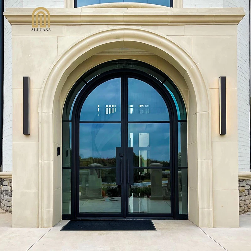 Alucasa Custom Simple Clean Line Modern Steel Arch Door Wrought Iron Metal Thermal Break Exterior Entry Single French Doors