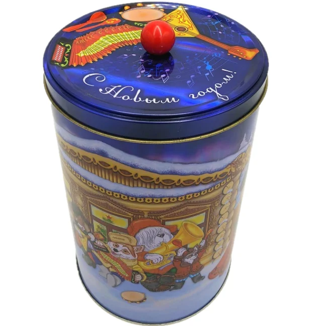 DADI Custom Design Christmas Candy Tin Can Food Grade Metal Cylindrical Gift Box with Handle for Cake & Cookie Packaging