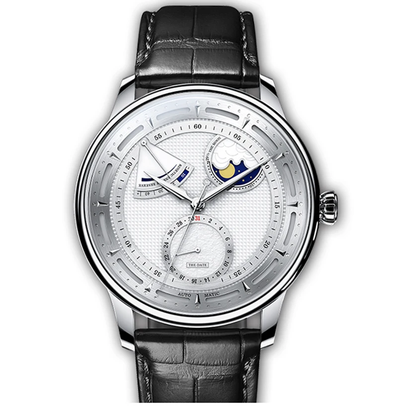 Latest stainless steel case calendar moon phase power show negotiable price custom men mechanical watch