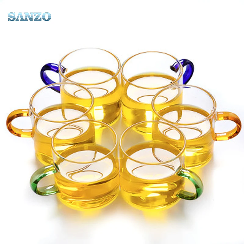 
 460314 Высокая боросиликатная стеклянная чайная чашка маленькая чайная чашка с 4 цветными ручками прозрачная чайная чашка кунг-фу от производителей оптовая продажа чашек  