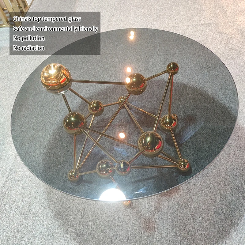 Custom luxury furniture stainless steel metal base black round designer art deco tempered glass gold coffee table modern