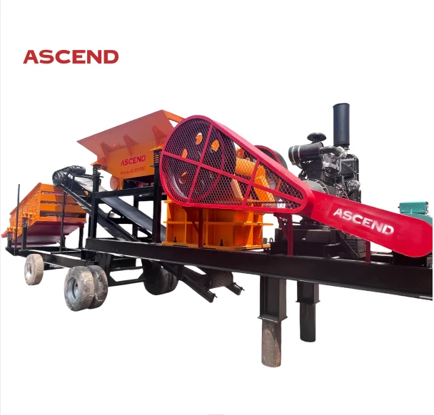 PE250x400 combine diesel engine, vibrating feeder, jaw crusher, belt conveyor and vinrating screen on the mobile trailer
