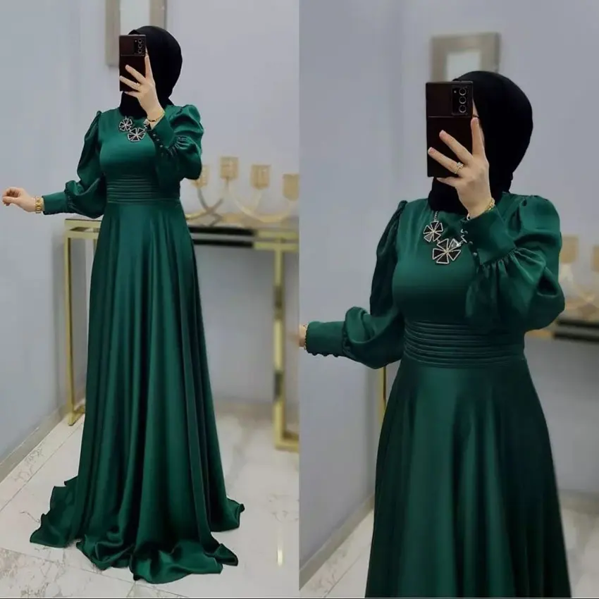 Middle East Ladies Pleated Party Modest Maxi Dress Loose Kimono UAE Islam Women Satin Islamic Clothing Muslim Evening Dresses